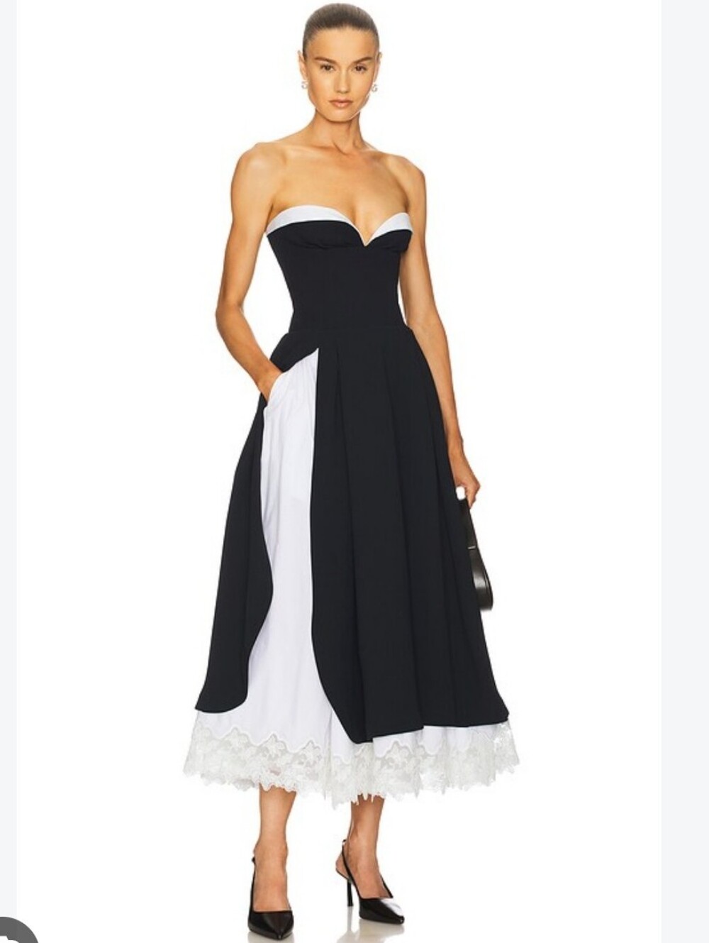 HELSA De Finale Strapless Two-Tone Midi Dress in Black & White